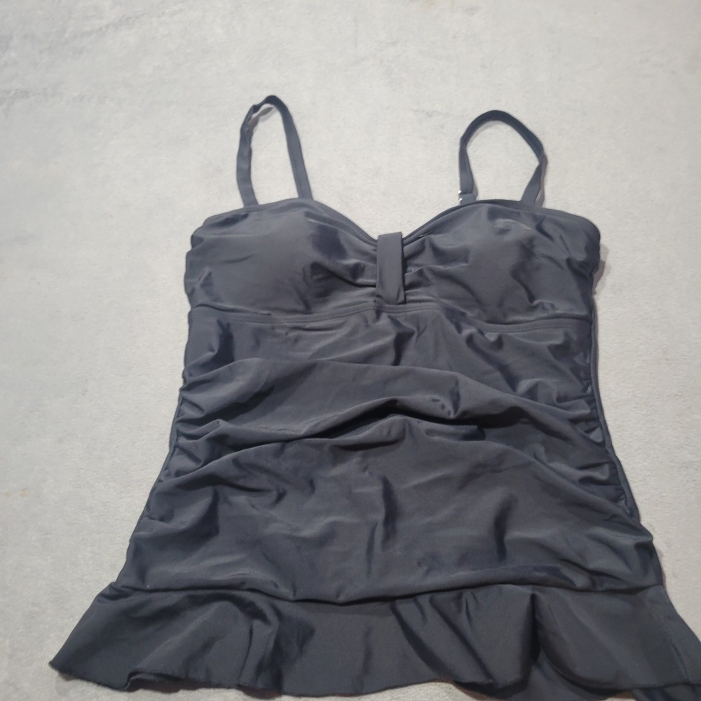 Hilor Tankini Top Women 16 Black Ruched Peplum Ruffle Swimsuit Adjustable Straps